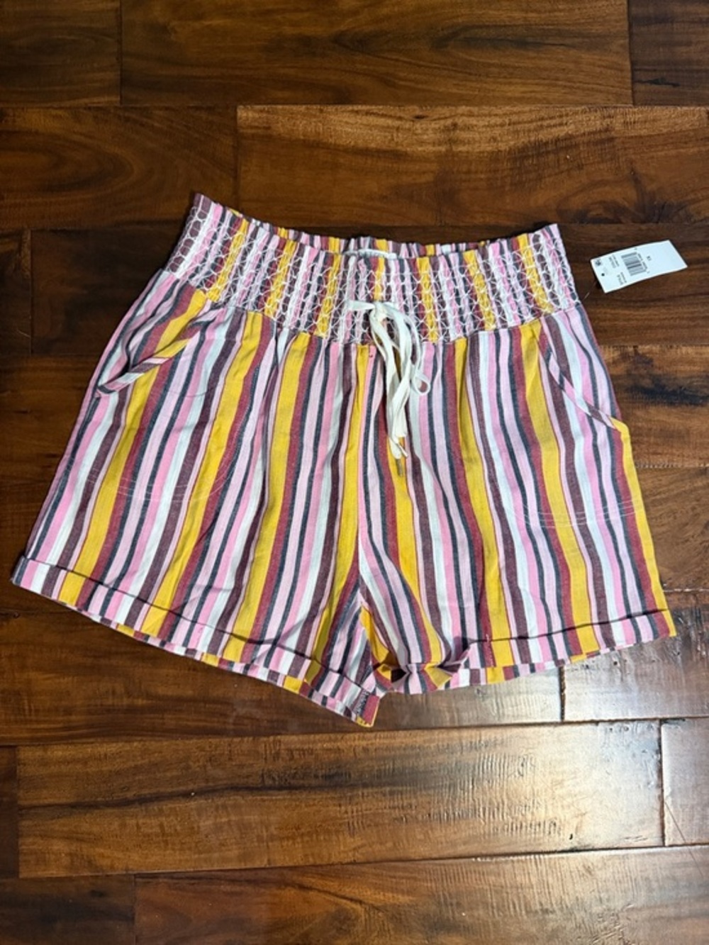 Women's Smocked Waist Striped Shorts - Pink & Yellow